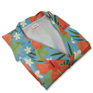 Sky Blue Coral Orange Hibiscus Hawaiian Shirt with Plumeria and Monstera