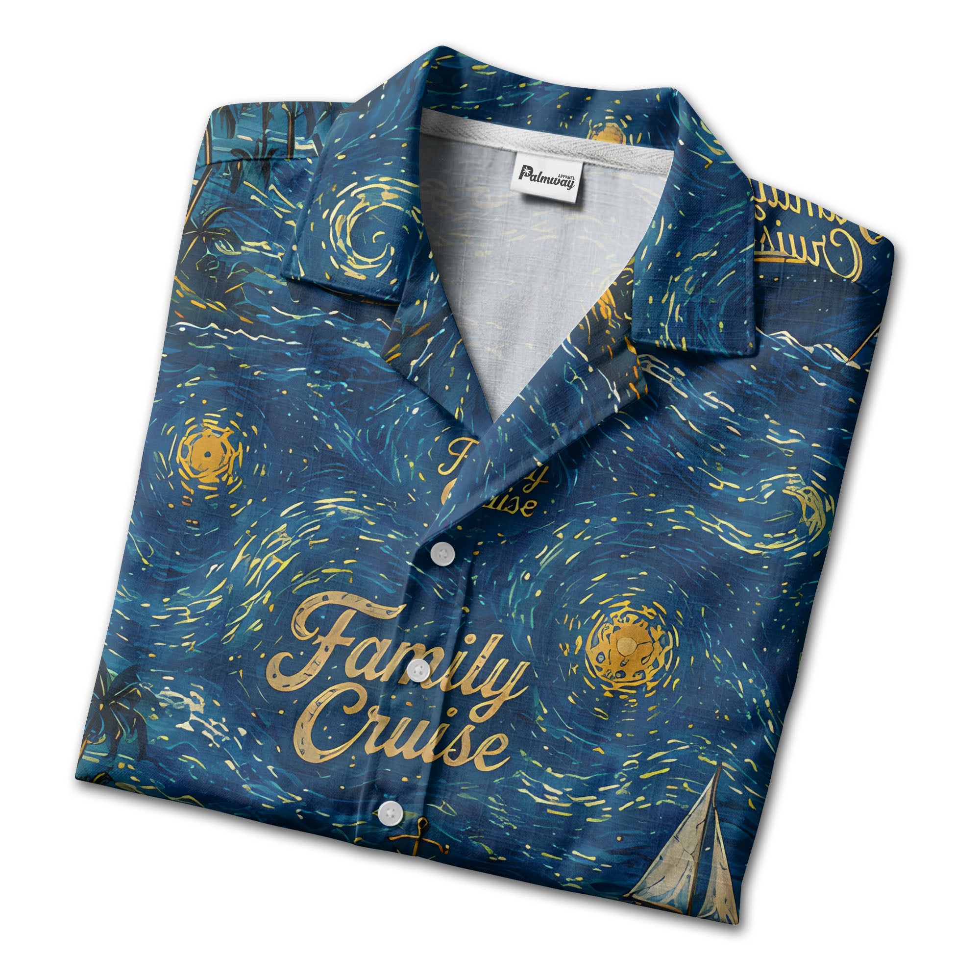 starry night sailboats & cruise ships palm tree hawaiian shirt
