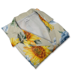 Sunflower and Blue Rose Hawaiian Shirt with Eucalyptus on Khaki Background