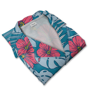 Teal Blue Playful Hibiscus Hawaiian Shirt with Coral Pink and Yellow Blooms