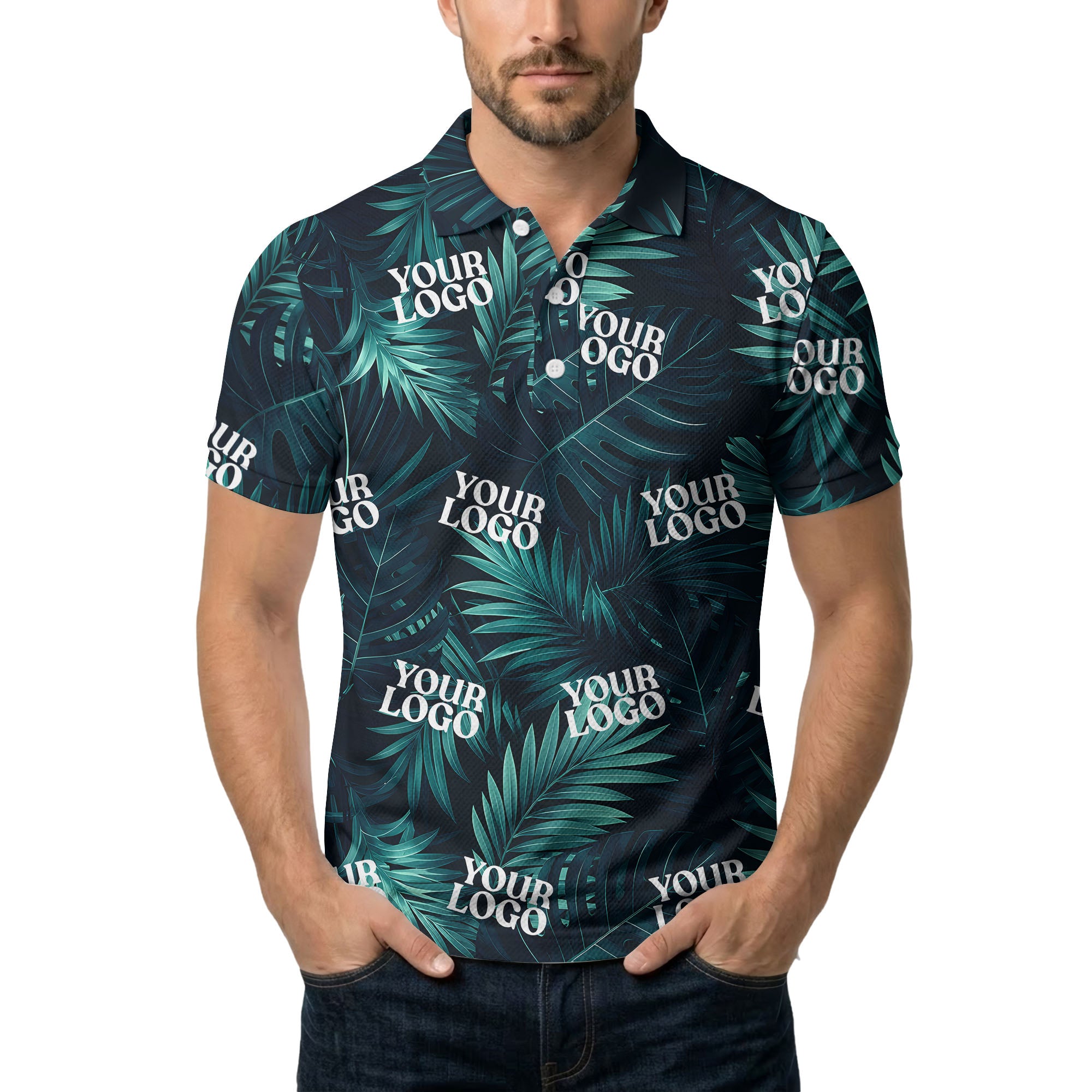 teal palm leaves & custom logo repeat pattern polo shirt