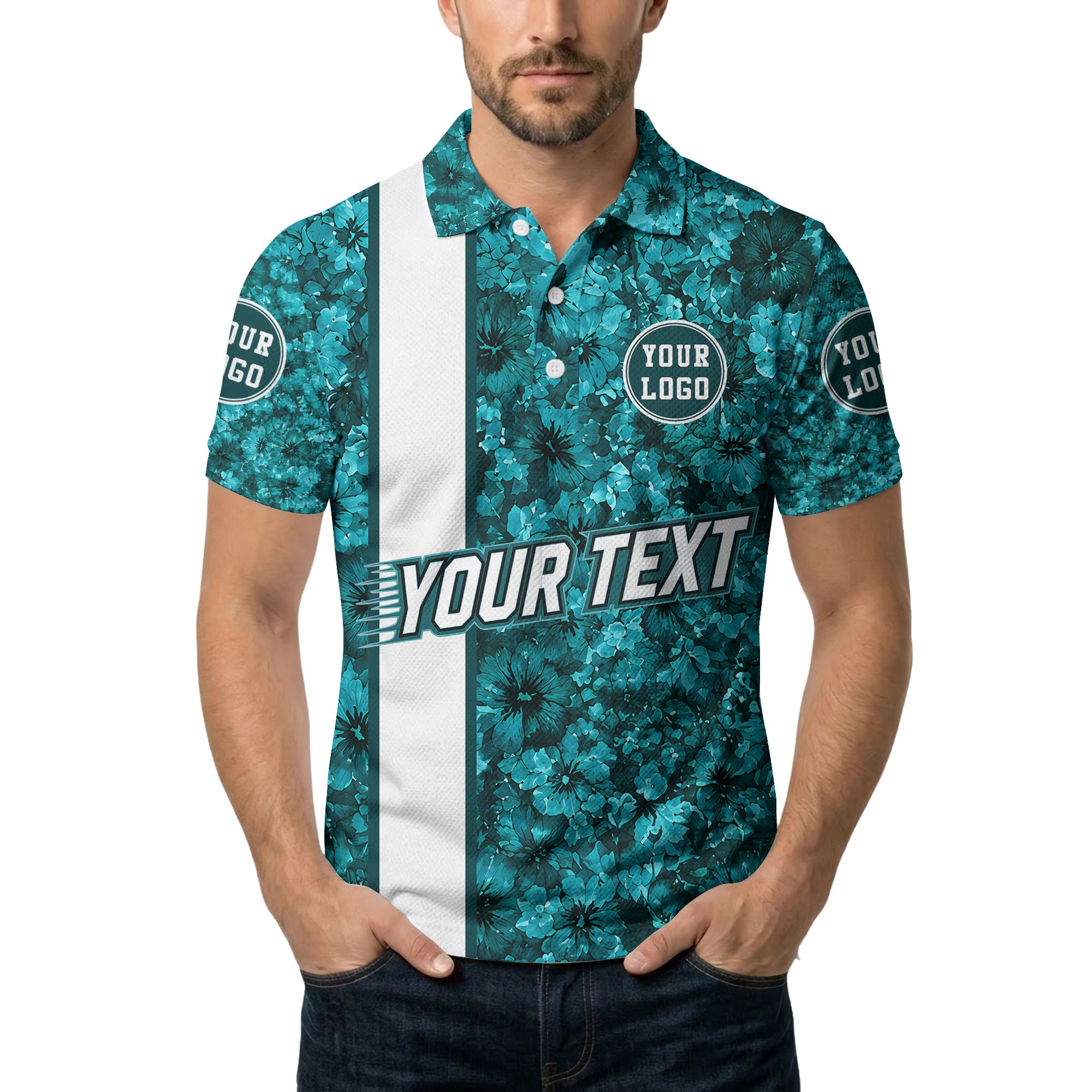 teal watercolor hibiscus & custom logo circle polo shirt