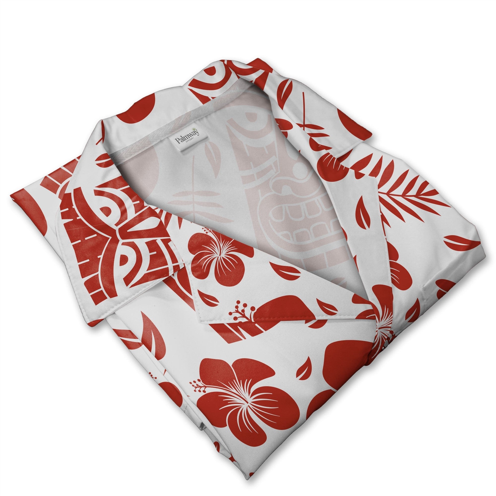 Terracotta Tiki Mask Hawaiian Shirt with Palm Fronds on White