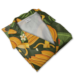 Tropical Banana Hawaiian Shirt with Plumeria on Forest Green