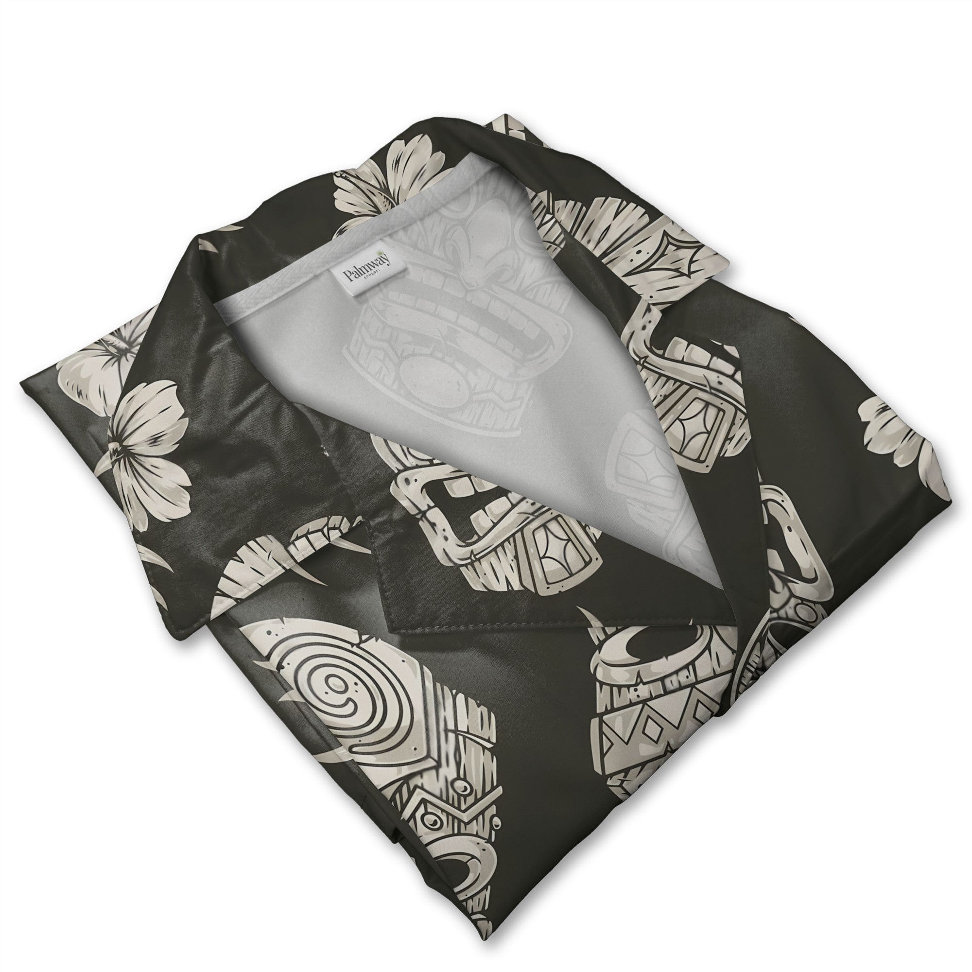 Vintage Greyscale Tiki Hawaiian Shirt with Hibiscus on Charcoal