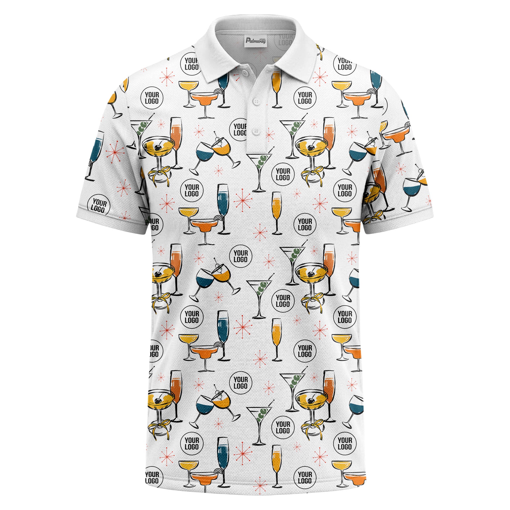 vintage illustrated martini & champagne glasses repeat polo shirt for men