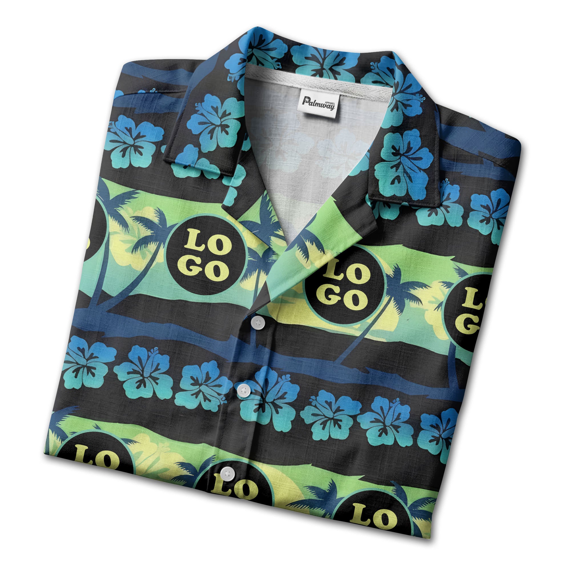 vintage palm trees hibiscus logo repeat navy blue hawaiian shirt
