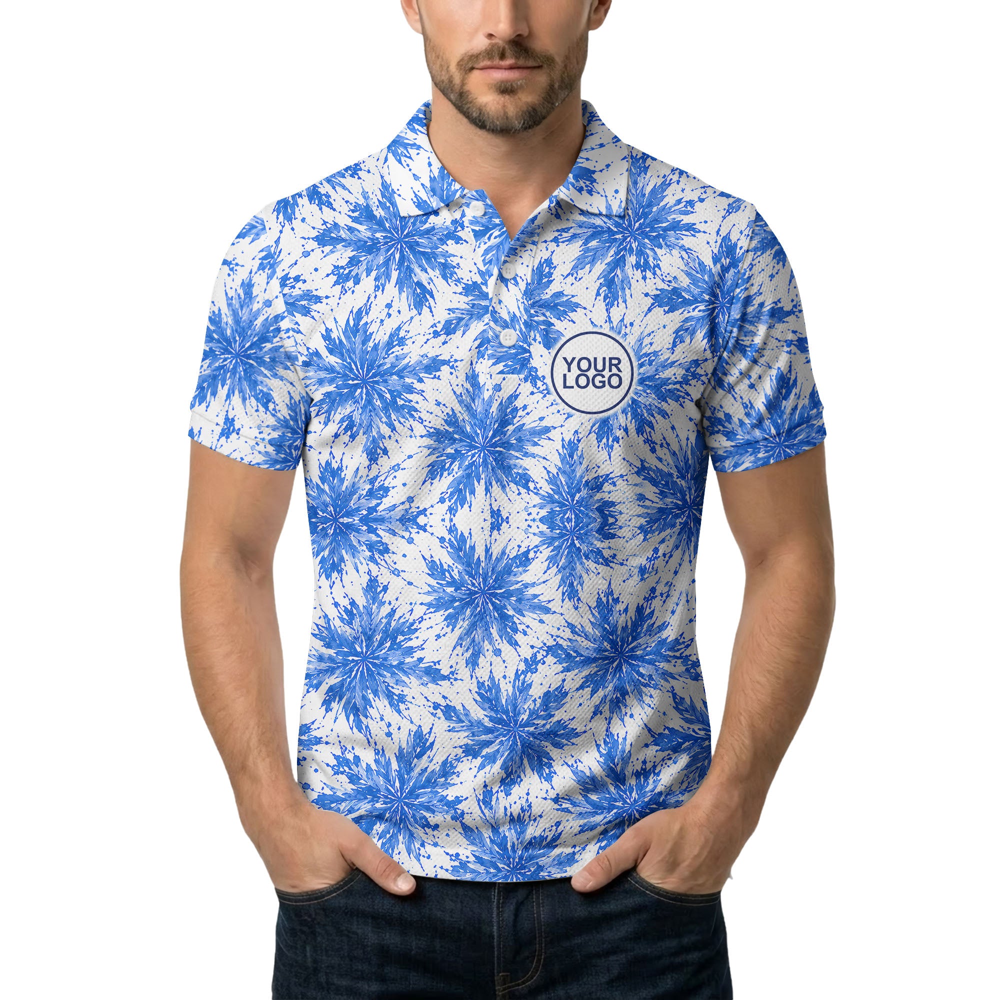watercolor cannabis leaf repeat navy blue polo shirt for beach vacations