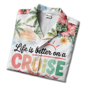 watercolor cruise sunset palm trees hibiscus flowers hawaiian shirt
