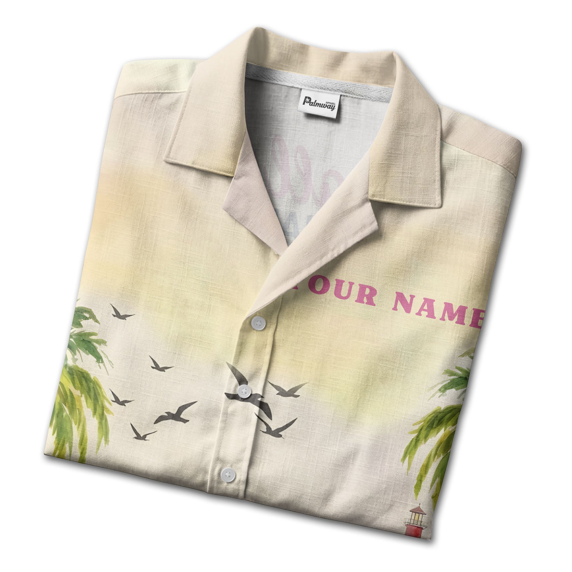 watercolor flamingo cruise ship lighthouse beach scene hawaiian shirt