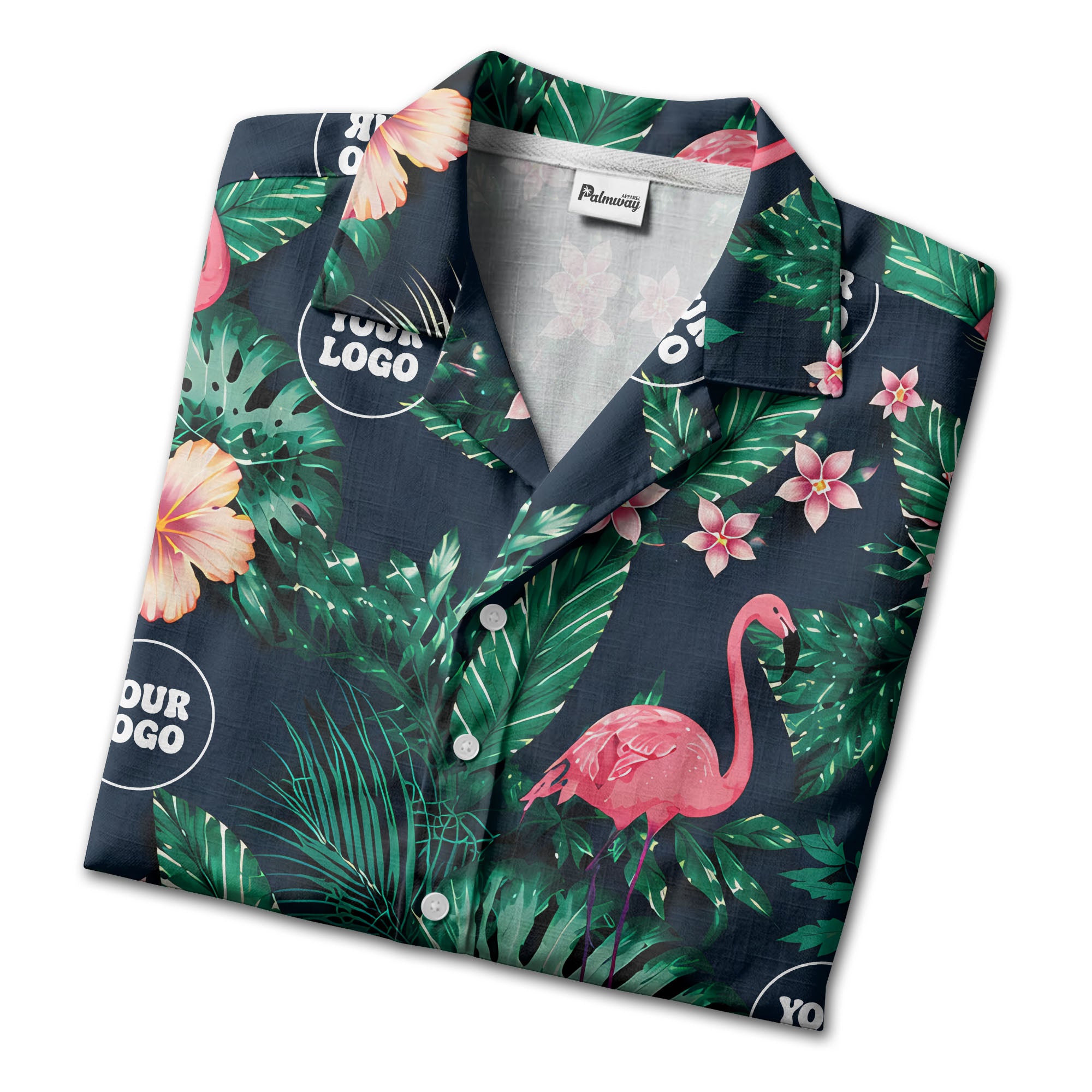 watercolor flamingos among palm leaves & hibiscus navy hawaiian shirt