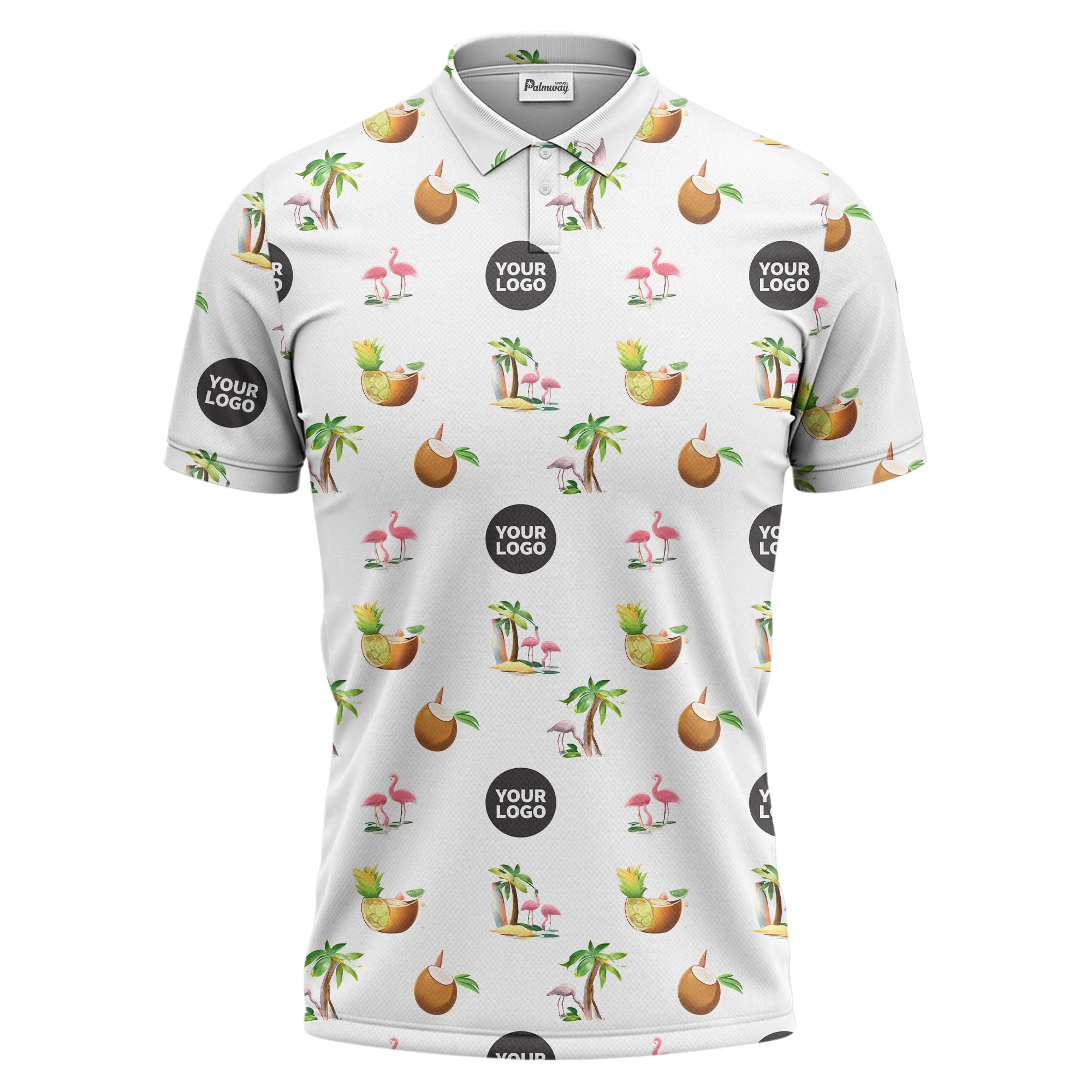 watercolor flamingos pineapples coconuts palm trees repeat polo shirt for men