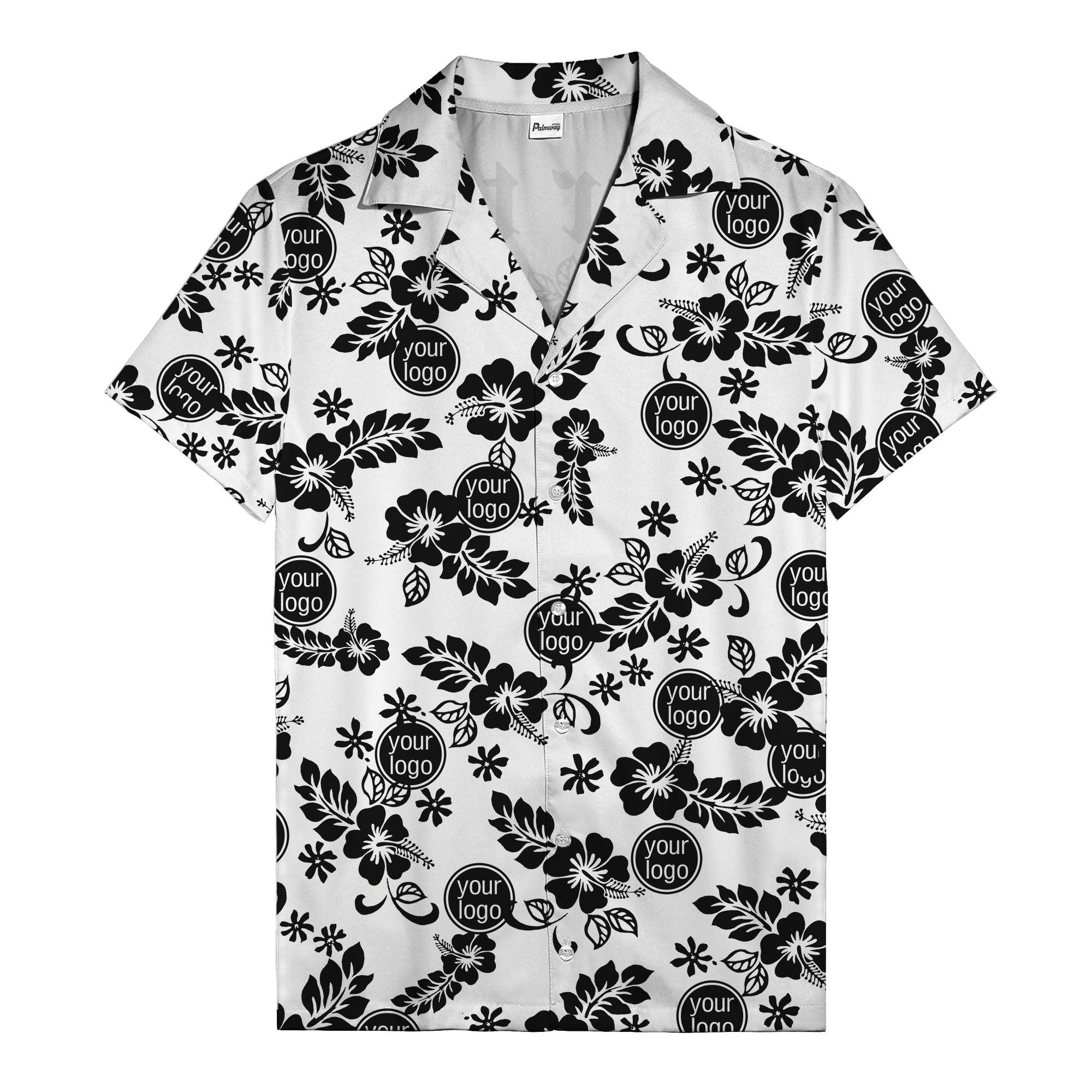 watercolor hibiscus blooms & custom logo navy blue hawaiian shirt
