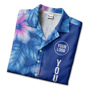 watercolor hibiscus monstera leaf royal blue hawaiian shirt