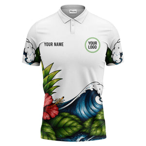 watercolor ocean wave palm leaf hibiscus floral navy blue polo shirt for men