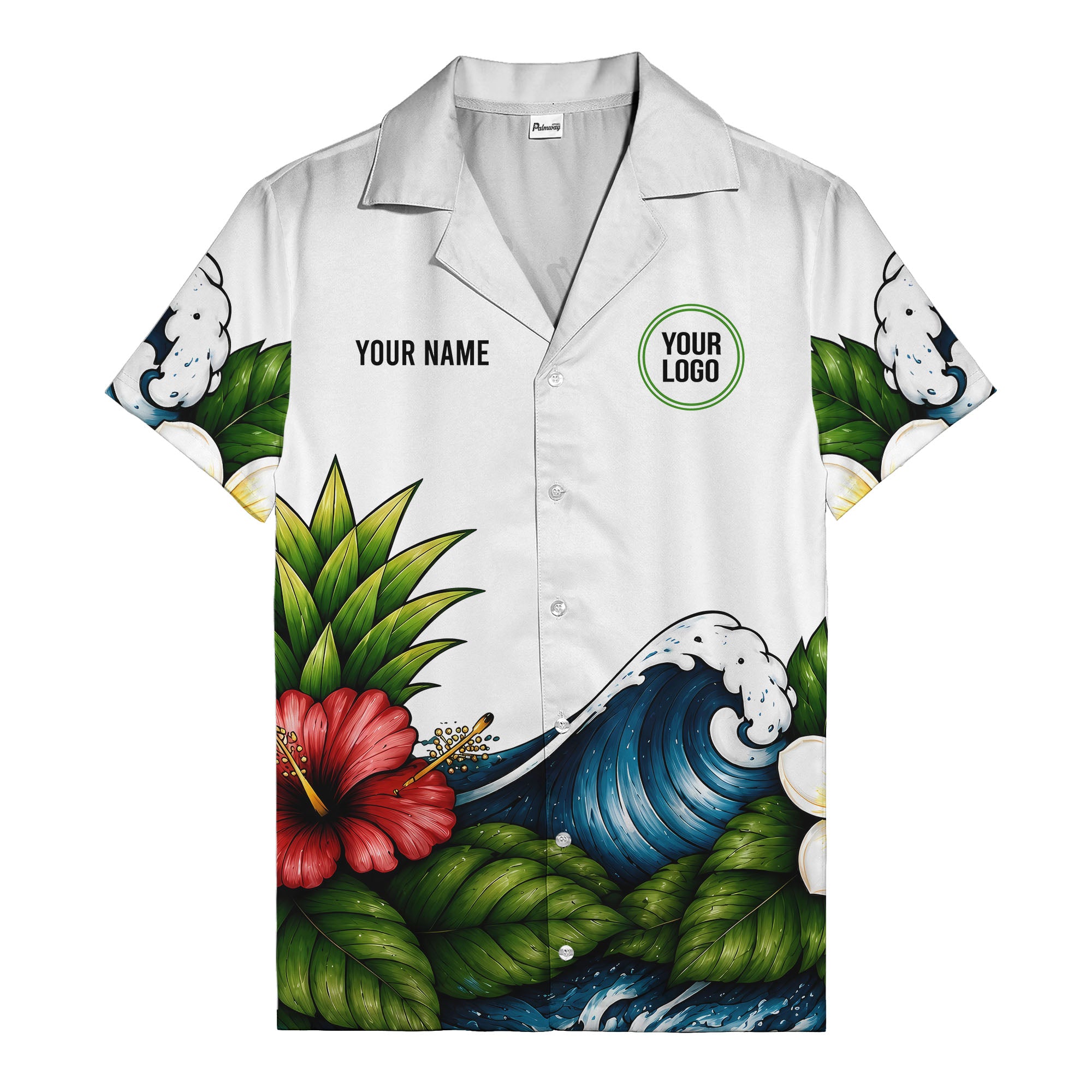 watercolor ocean waves hibiscus blooms palm leaf hawaiian shirt for men