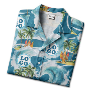 watercolor ocean waves palm trees surfboards hawaiian shirt for men