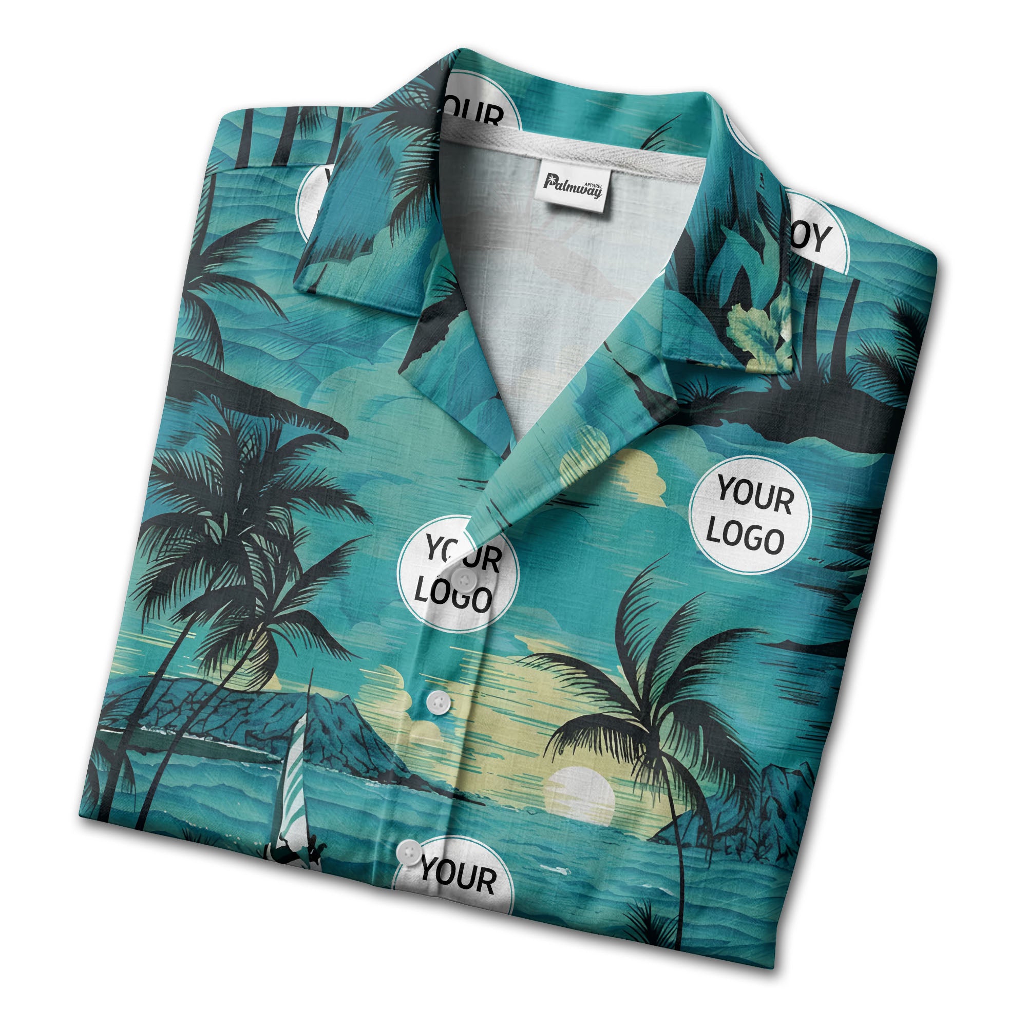 watercolor palm tree sunset sailboat hawaiian shirt