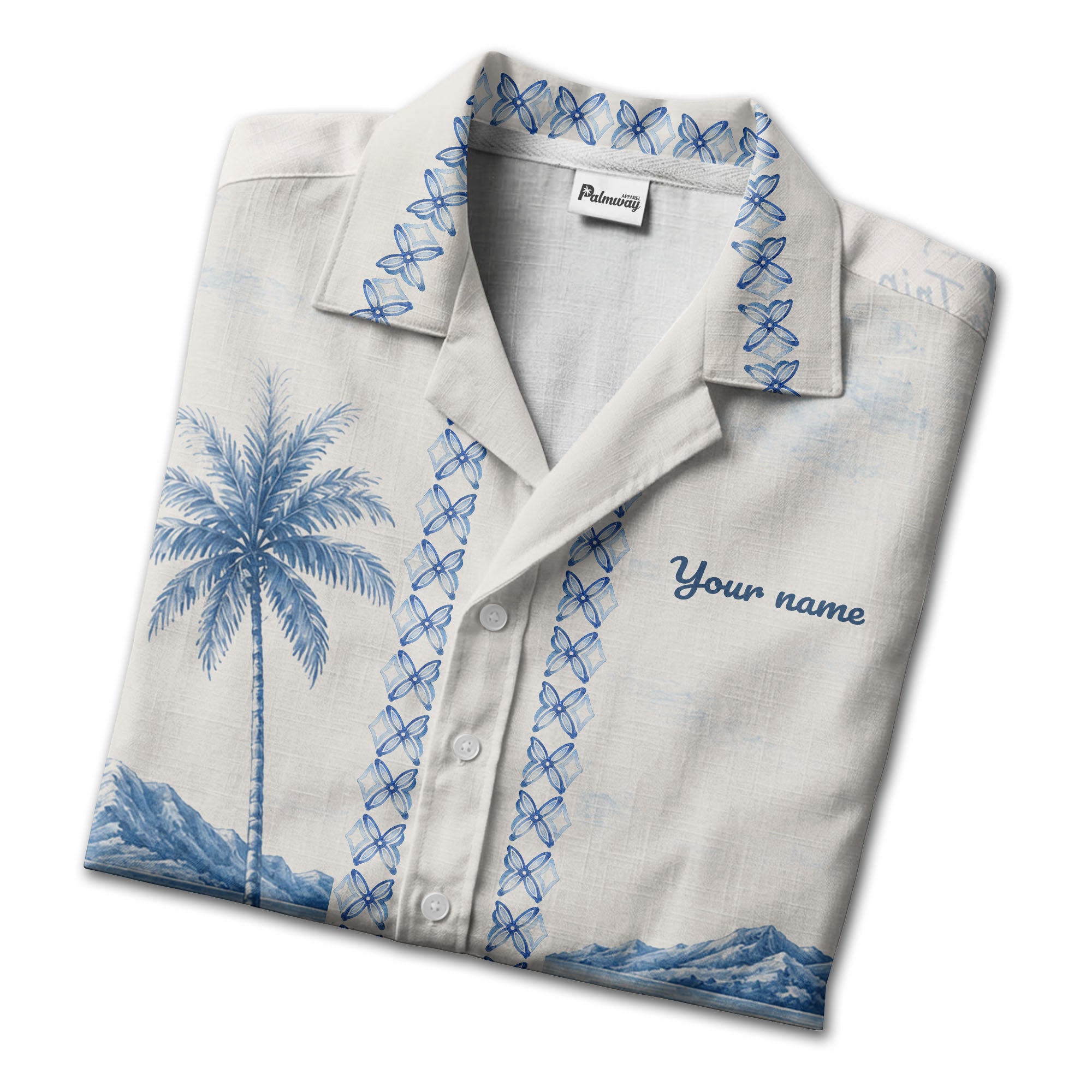 watercolor palm trees mountain waves navy blue hawaiian shirt