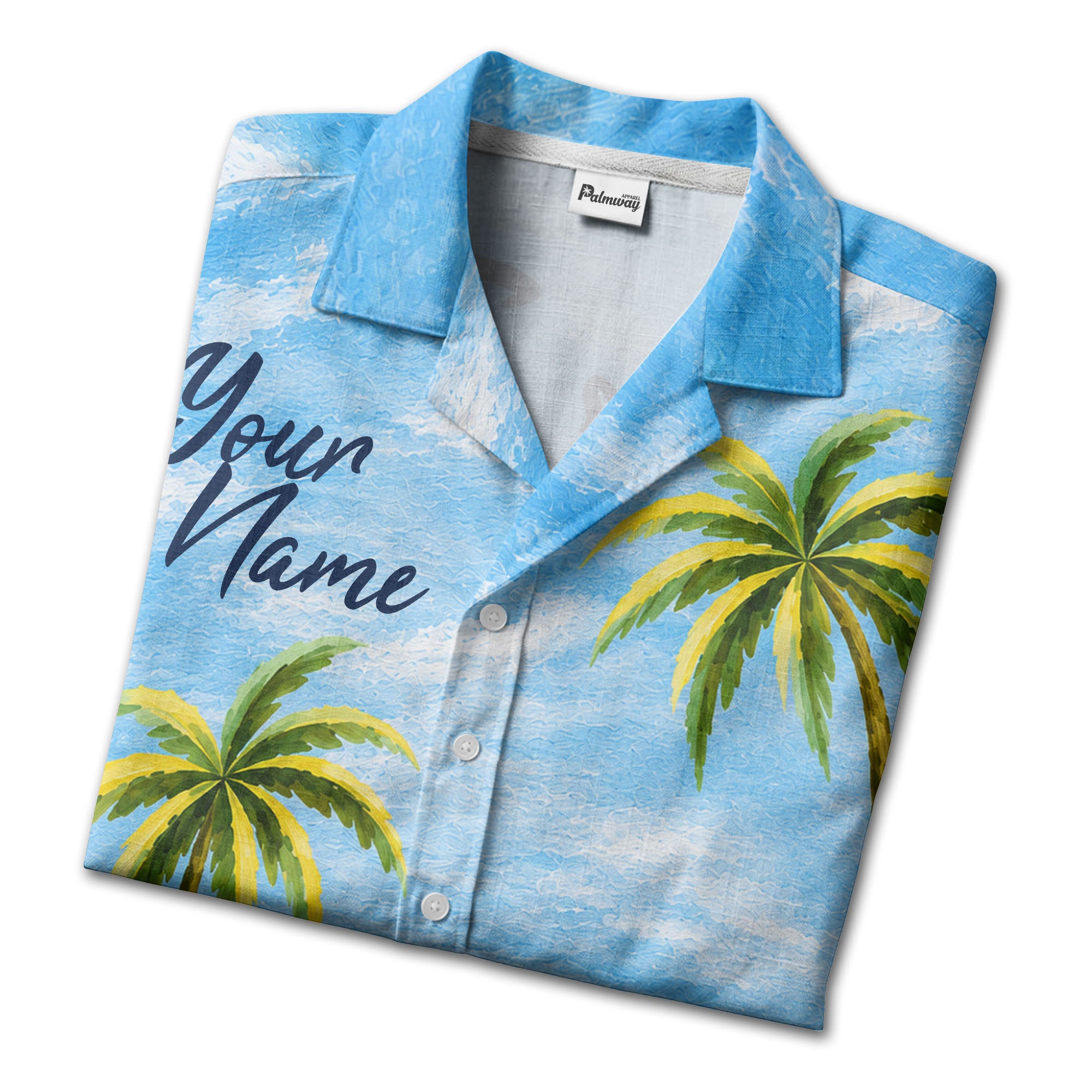 watercolor palm trees sandy beach ocean waves hawaiian shirt