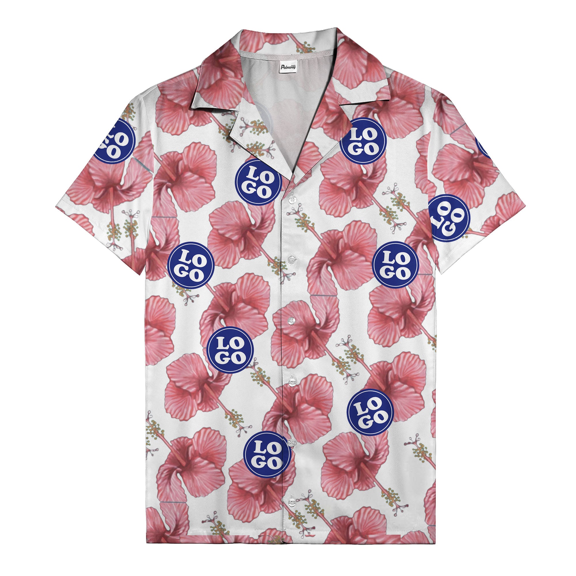 watercolor pink hibiscus & blue logo repeat aloha hawaiian shirt