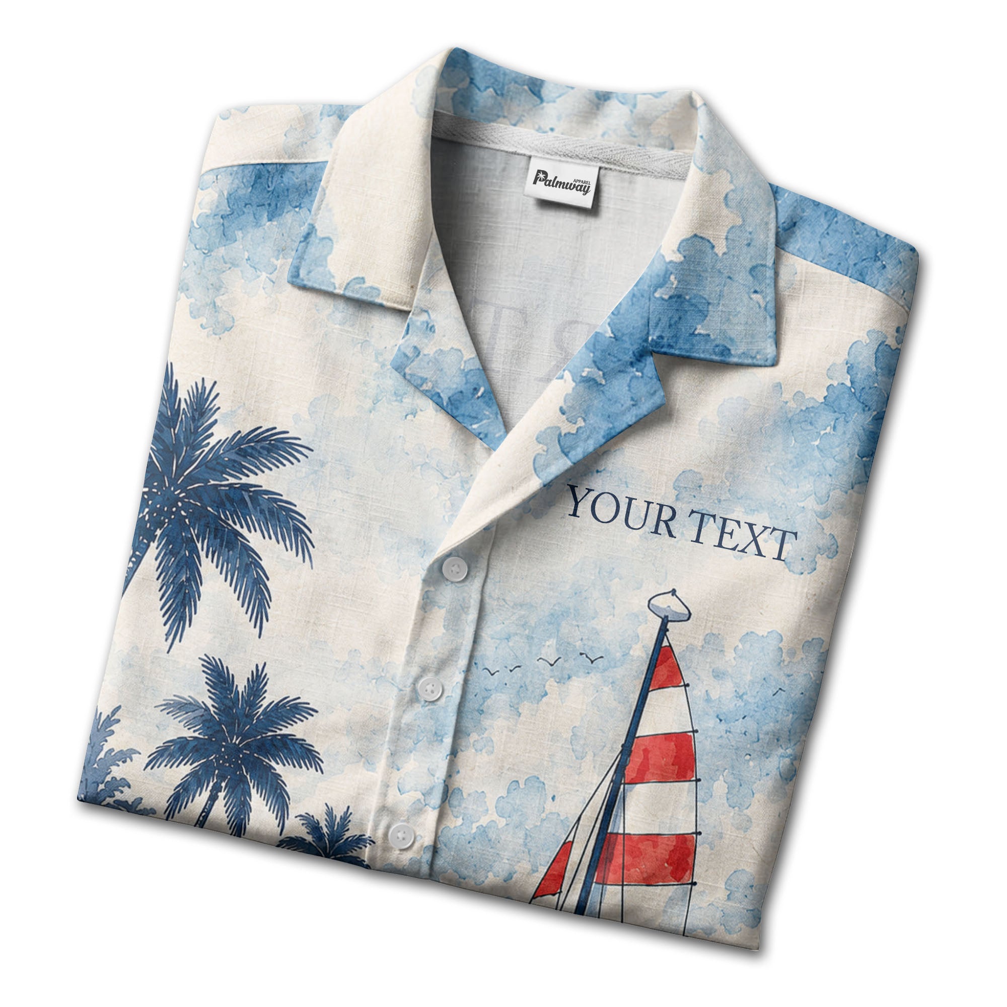 watercolor sailboats & palm trees beach scene navy hawaiian shirt for men