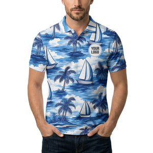 watercolor sailboats & palm trees ocean waves polo shirt for men