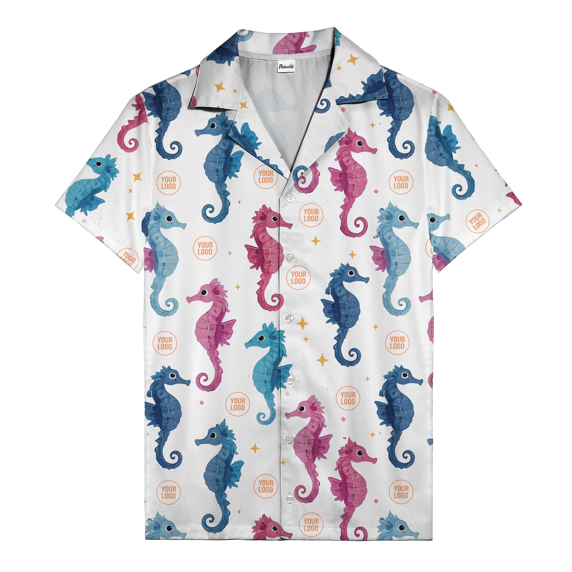 watercolor seahorse repeat coral blue pink oceanic hawaiian shirt