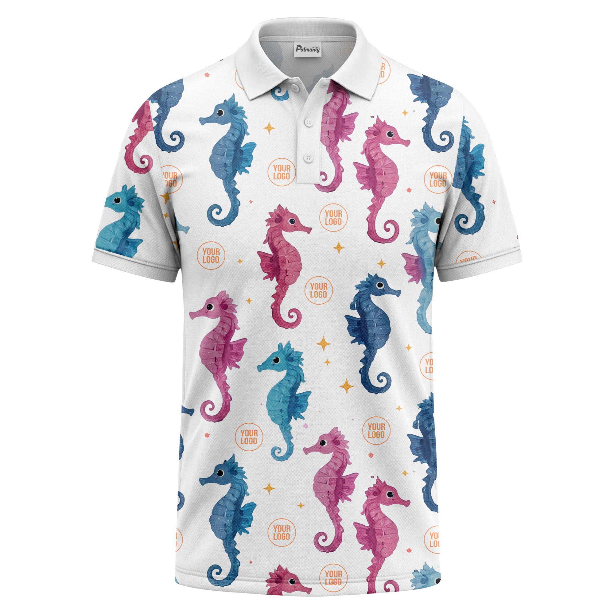 watercolor seahorse repeat marine life polo shirt in pink blue