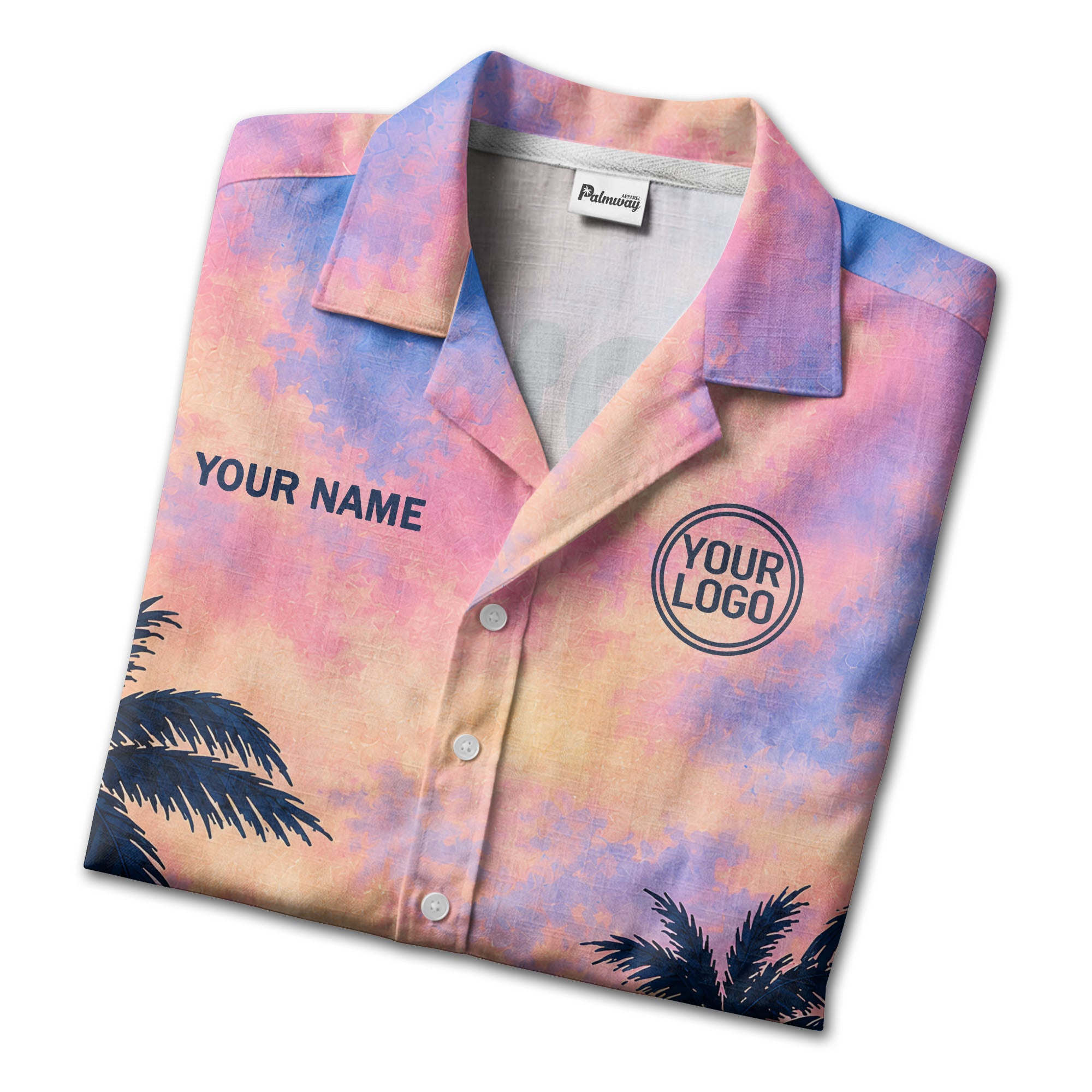 watercolor sunset palm trees coral reef navy hawaiian shirt