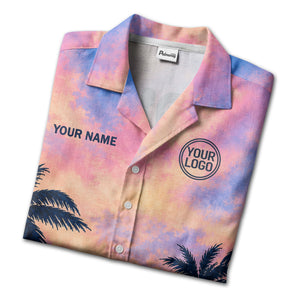 watercolor sunset palm trees coral reef navy hawaiian shirt