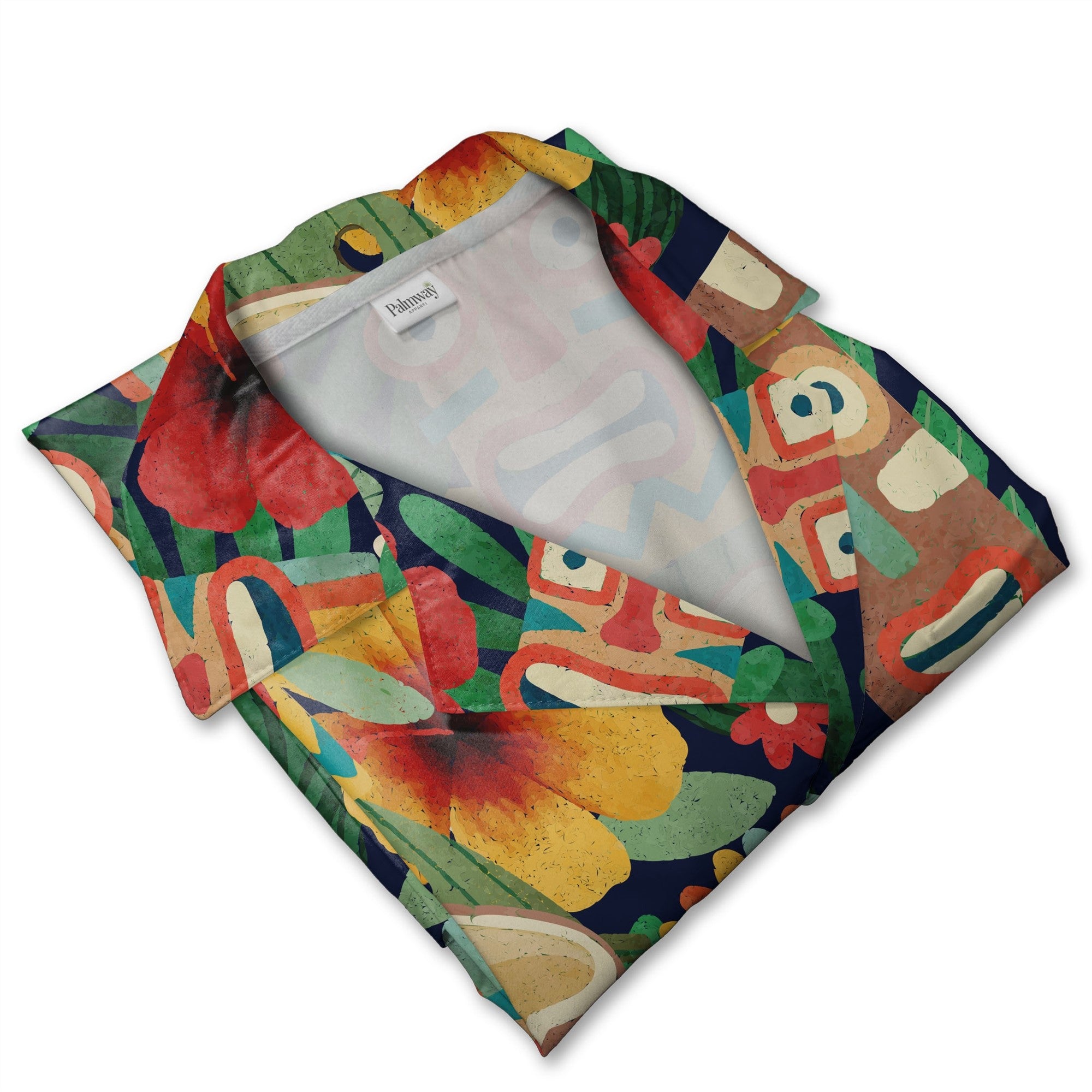 Watercolor Tiki Mask Hawaiian Shirt with Coconuts on Navy Blue