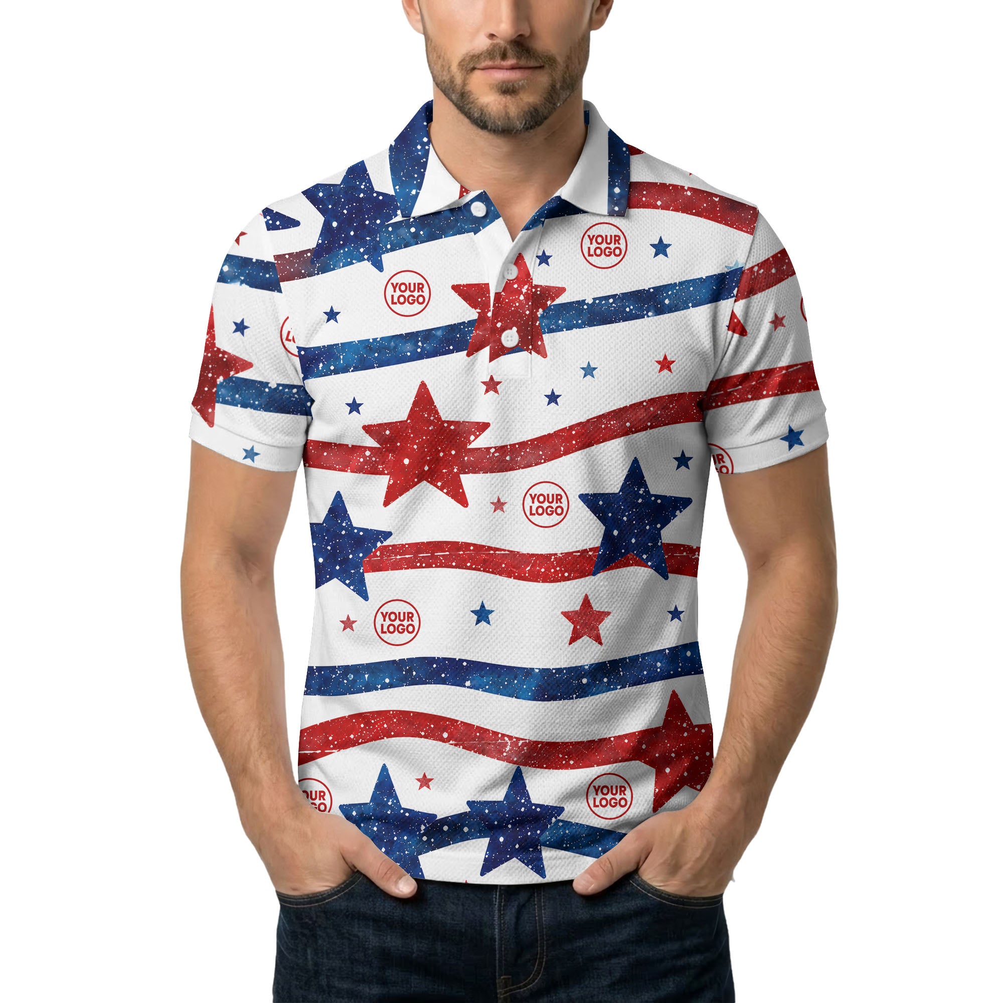 watercolor usa stars stripes patriotic aloha polo shirt for men