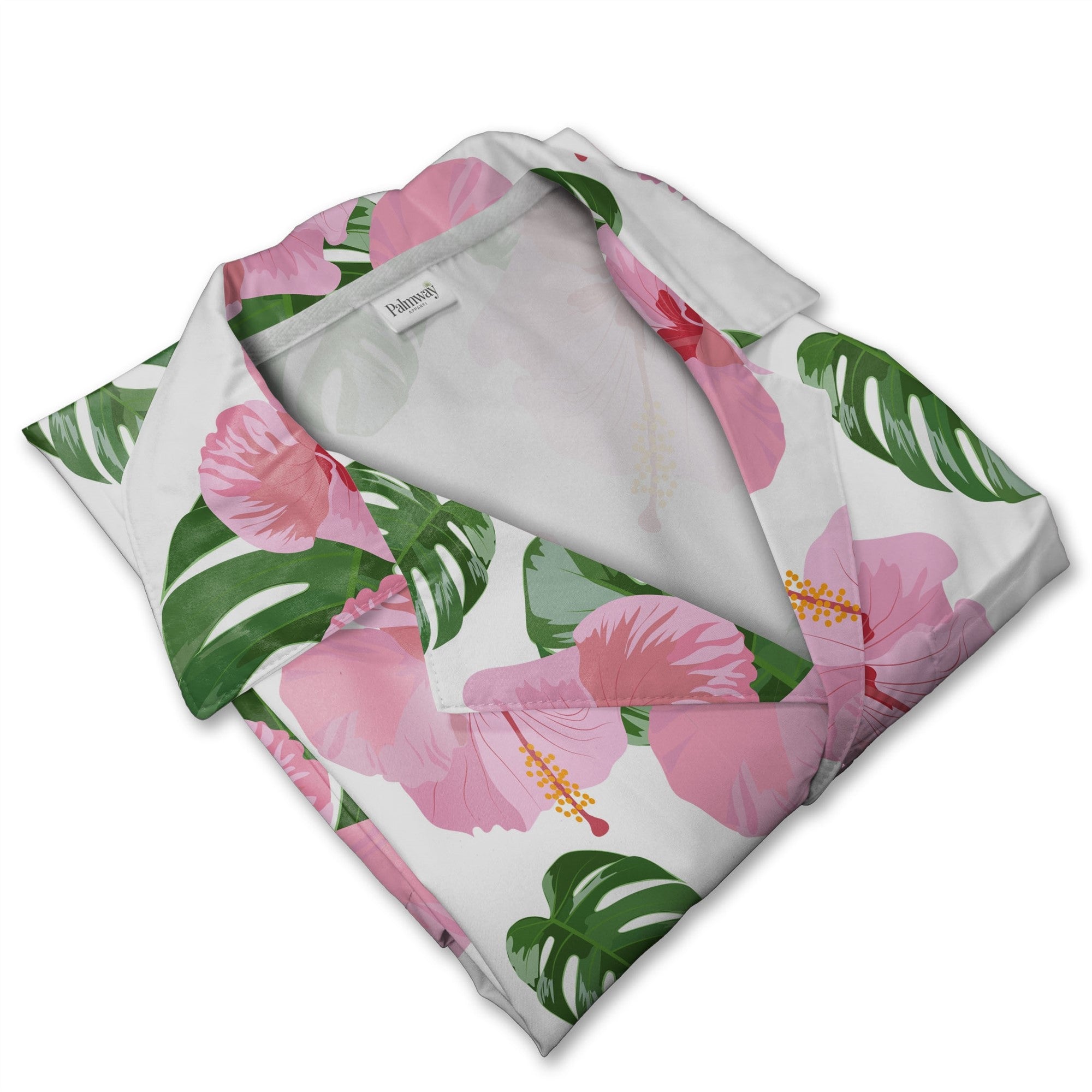 White Elegant Pink Rose Hibiscus Hawaiian Shirt with Fresh Monstera Leaves