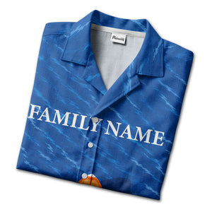 wooden speedboat racing navy blue ocean waves hawaiian shirt