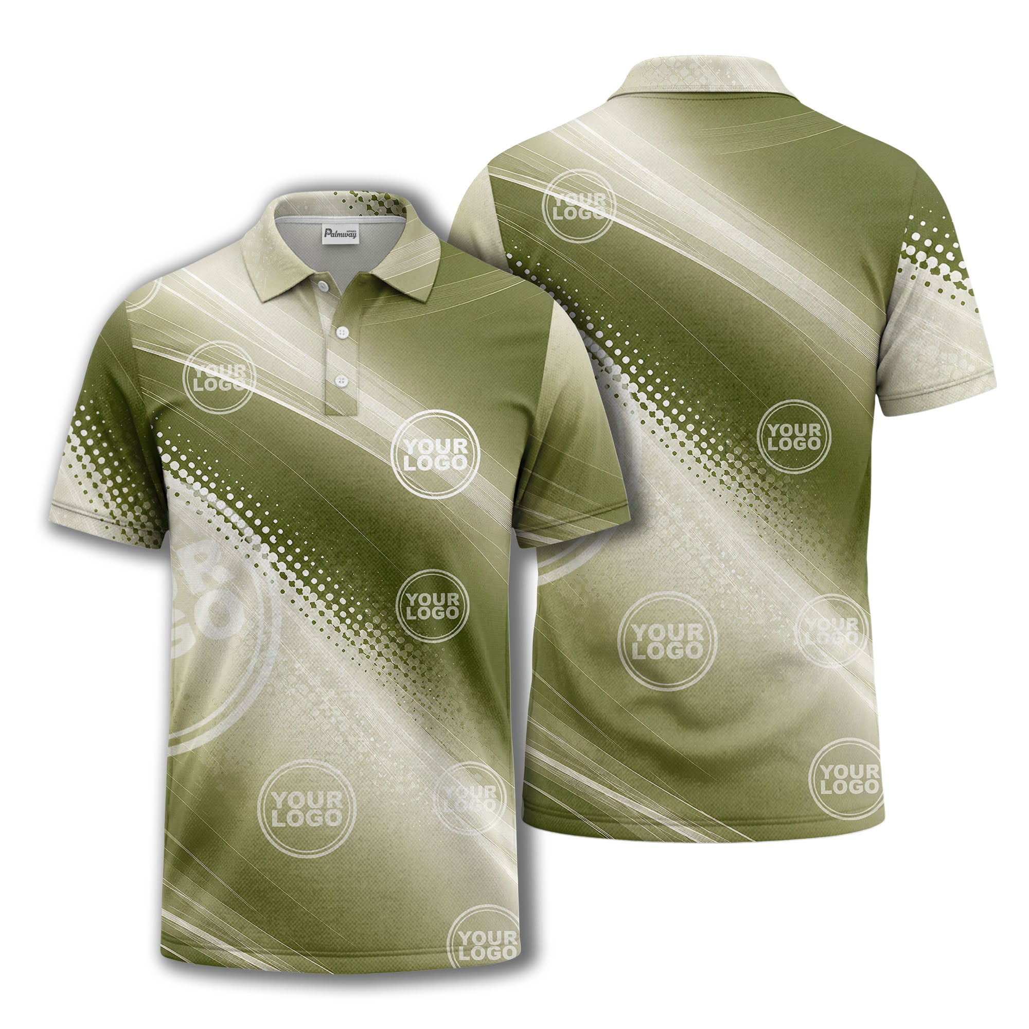 abstract gradient waves & circular dots modern olive green polo shirt