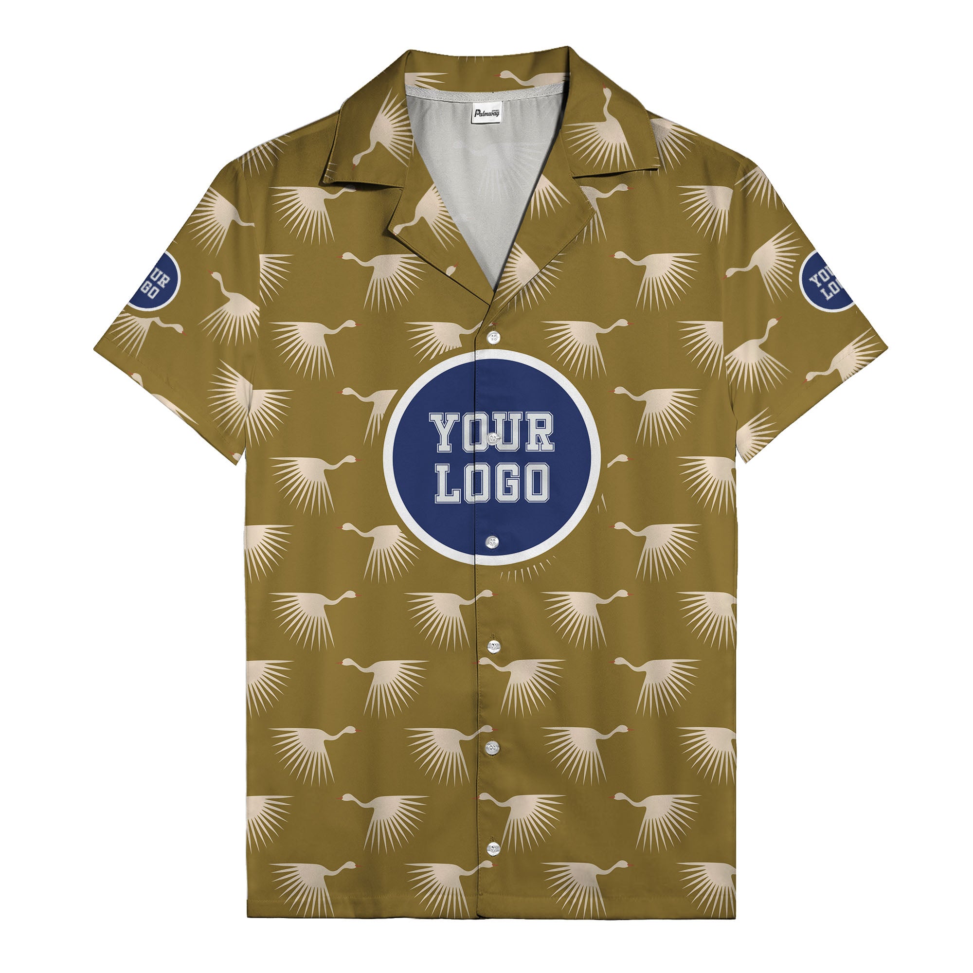 art deco crane silhouette logo beige navy hawaiian shirt