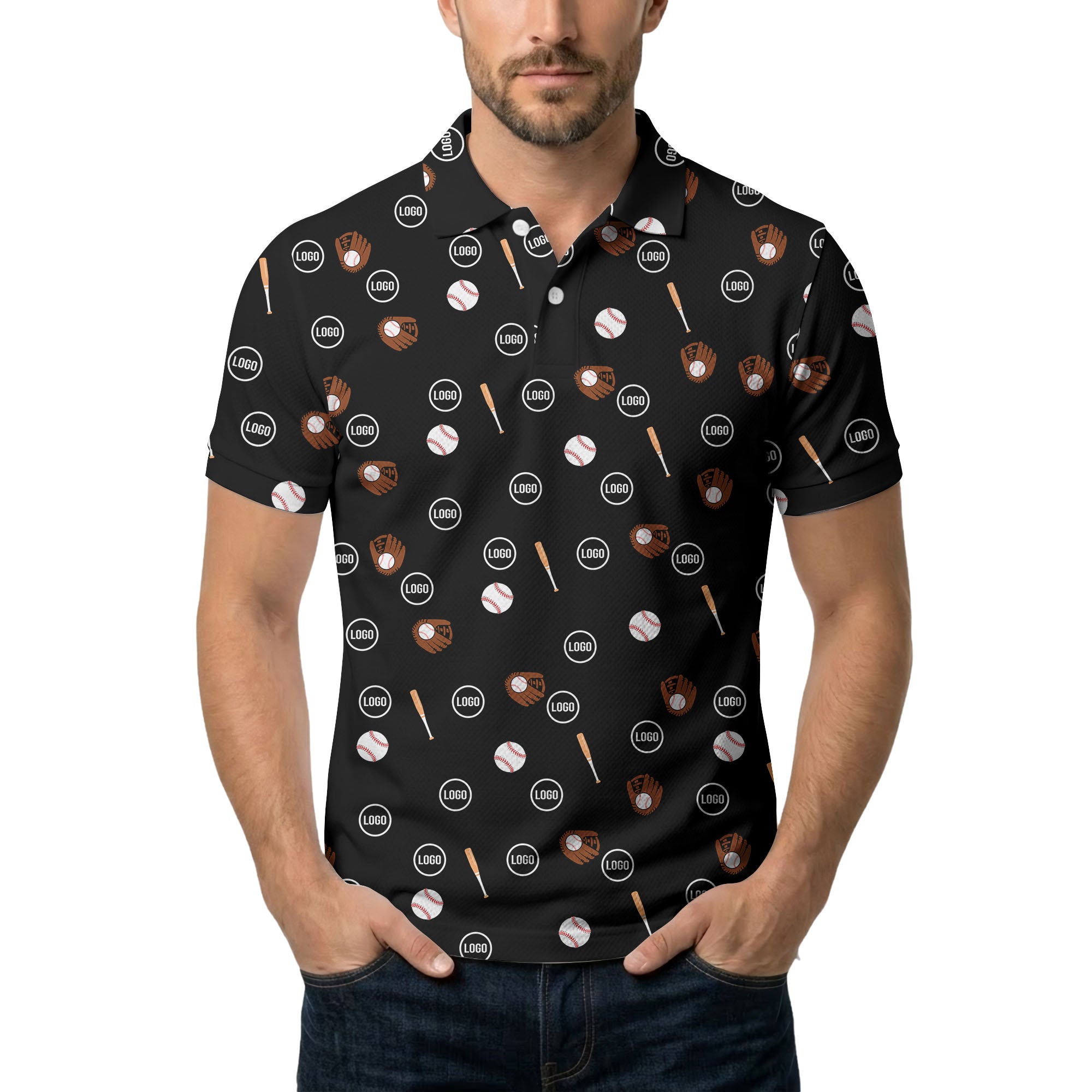 Black Baseball Icons Repeating Illustrated Polo Shirt For Sporty Fans