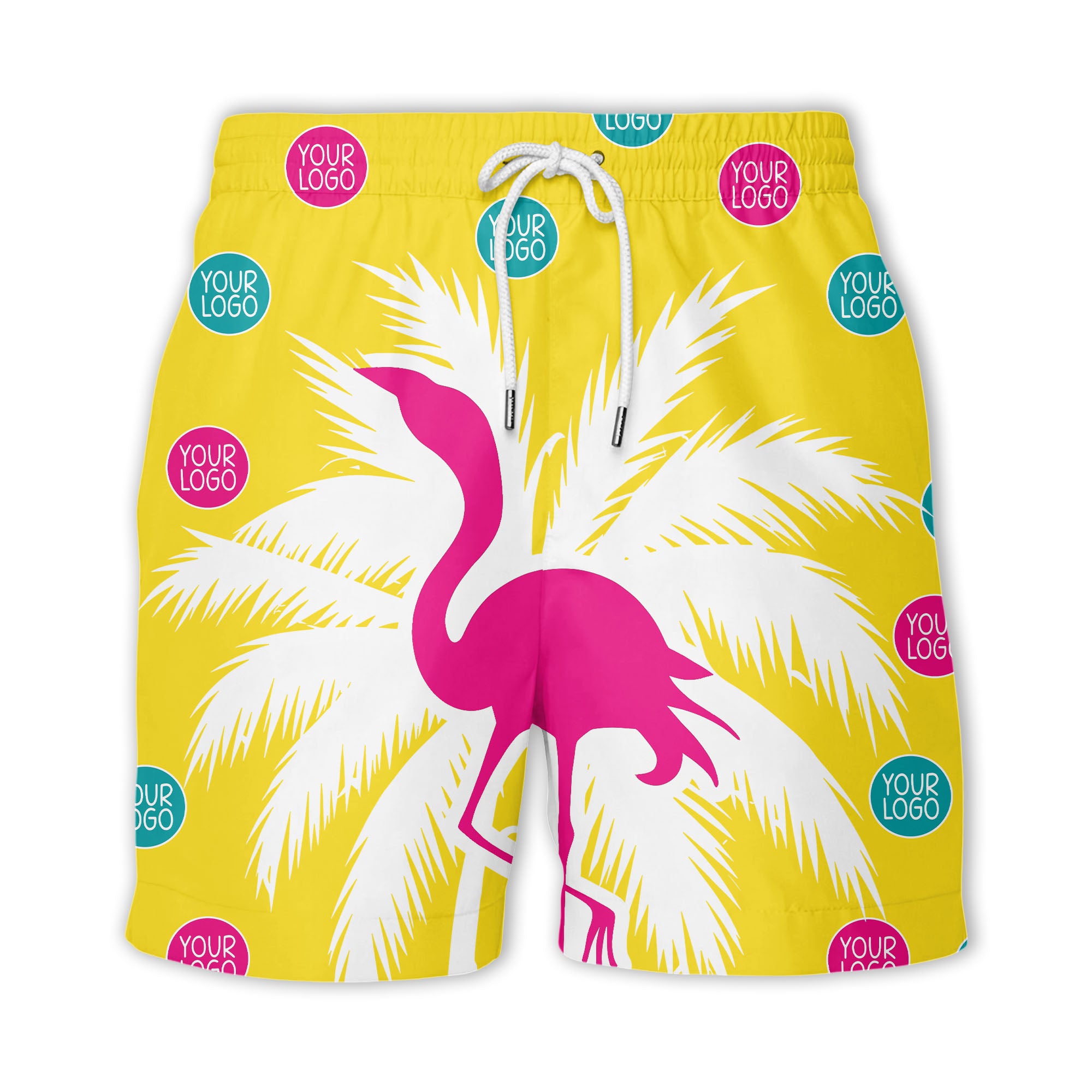 bright yellow flamingo on palm tree hawaiian shirt with custom logos