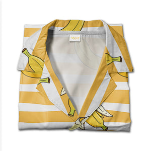 Cartoon Banana Hawaiian Shirt on Yellow and White Wavy Stripes