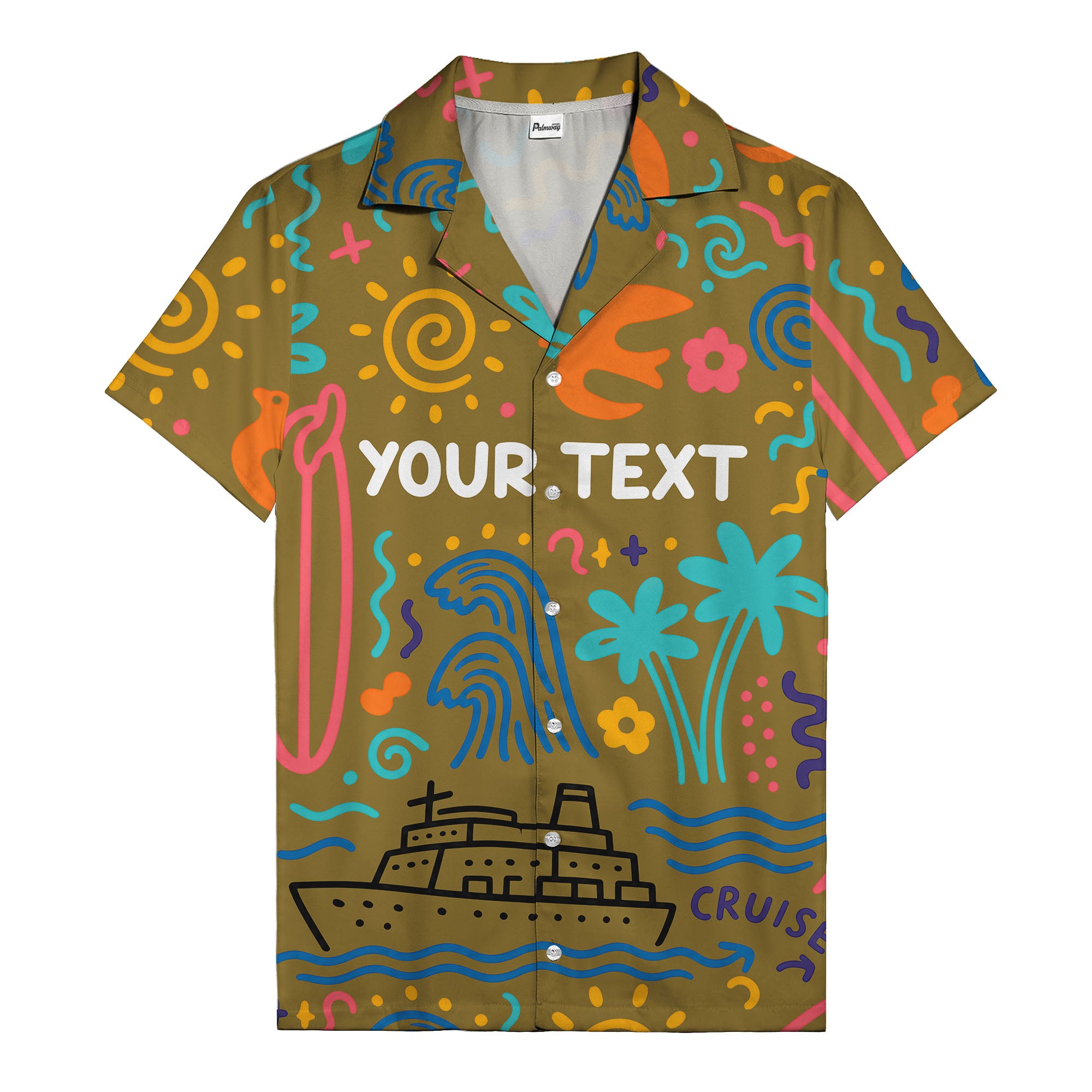 cartoon cruise ship palm trees surfboards wave hawaiian shirt