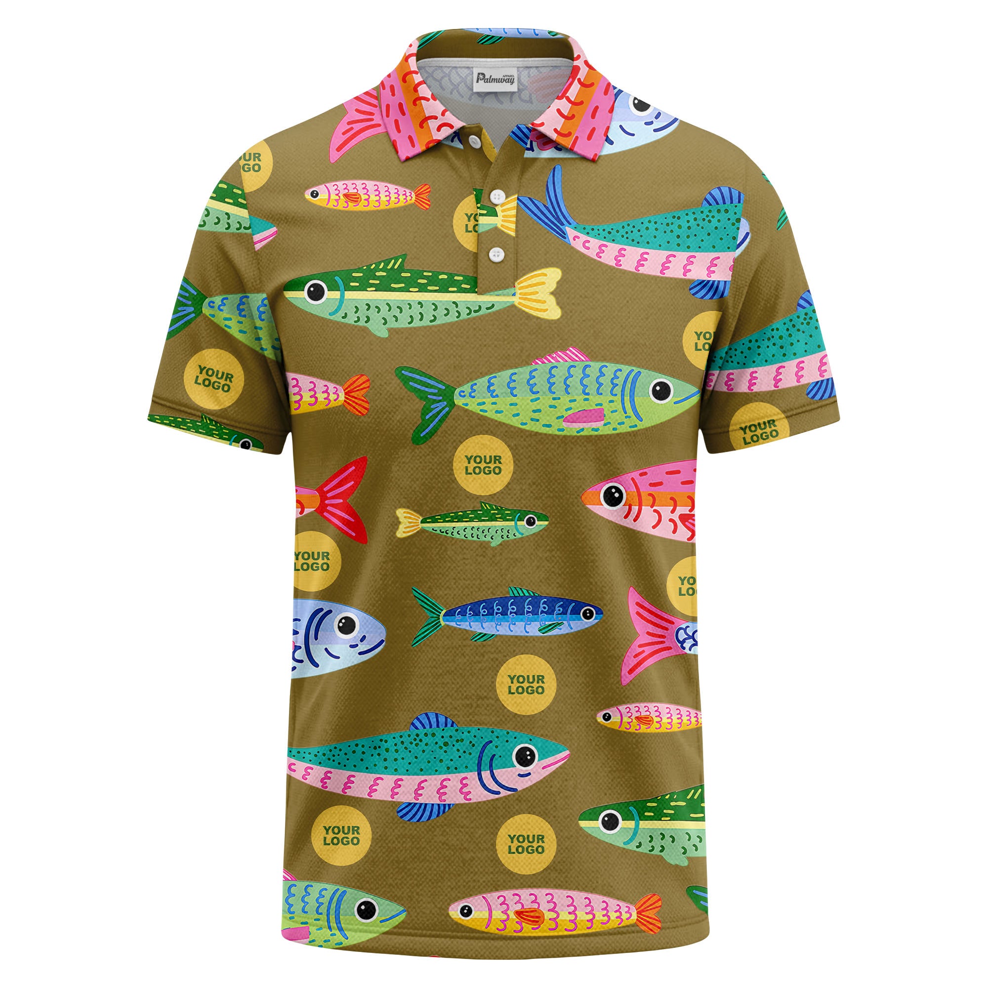colorful cartoon fish & custom logo repeat all-over print polo shirt