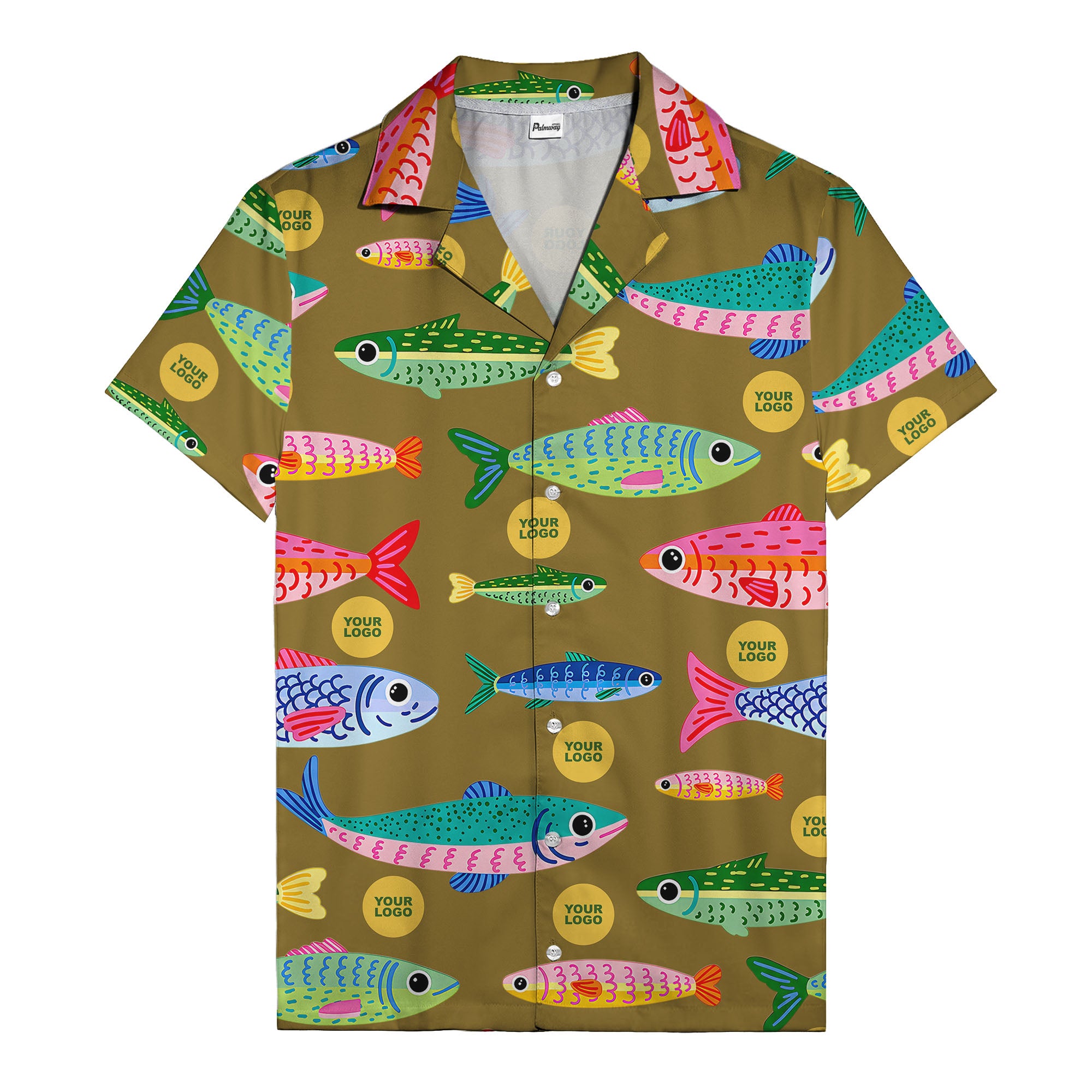 colorful cartoon fish & gold circle logo hawaiian shirt for men
