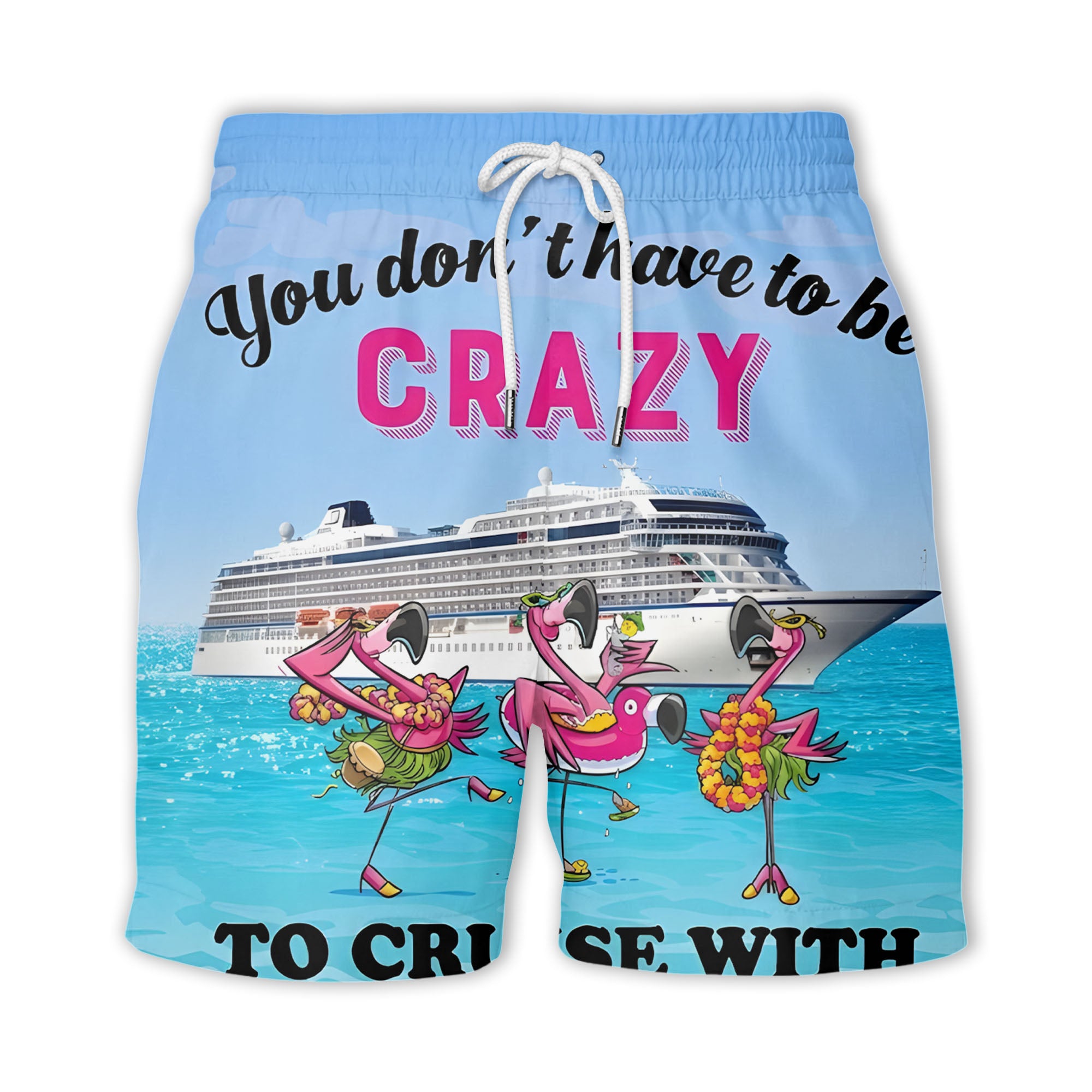cruise ship & flamingo beach scene cartoon hawaiian shirt
