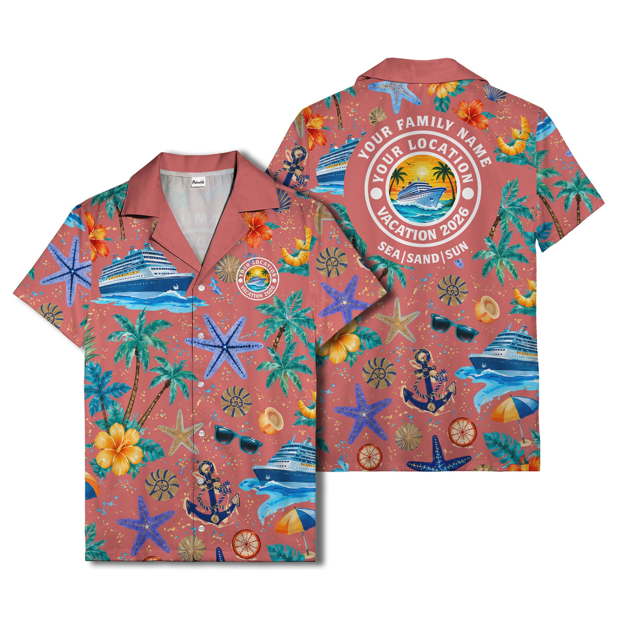 cruise ship palm trees starfish watercolor hawaiian shirt