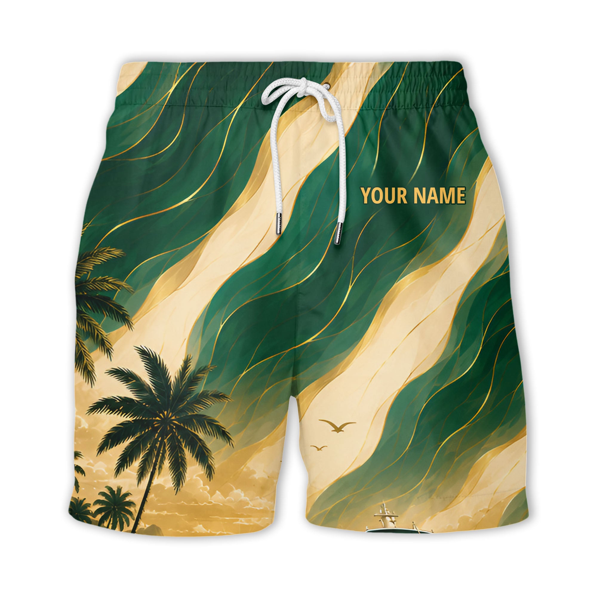 cruise ship sailing into golden sunset palm trees hawaiian shirt