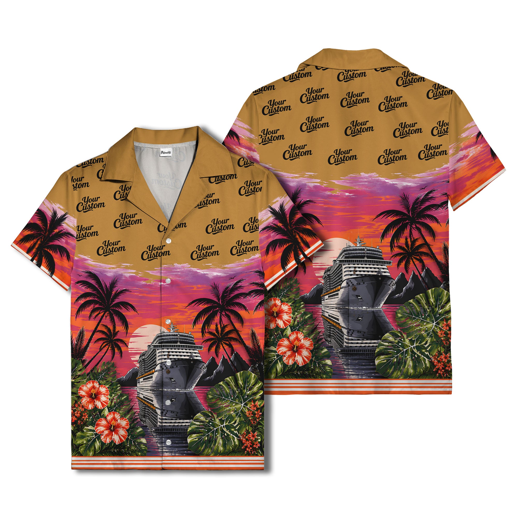 cruise ship sunset palm trees hibiscus flowers hawaiian shirt for men