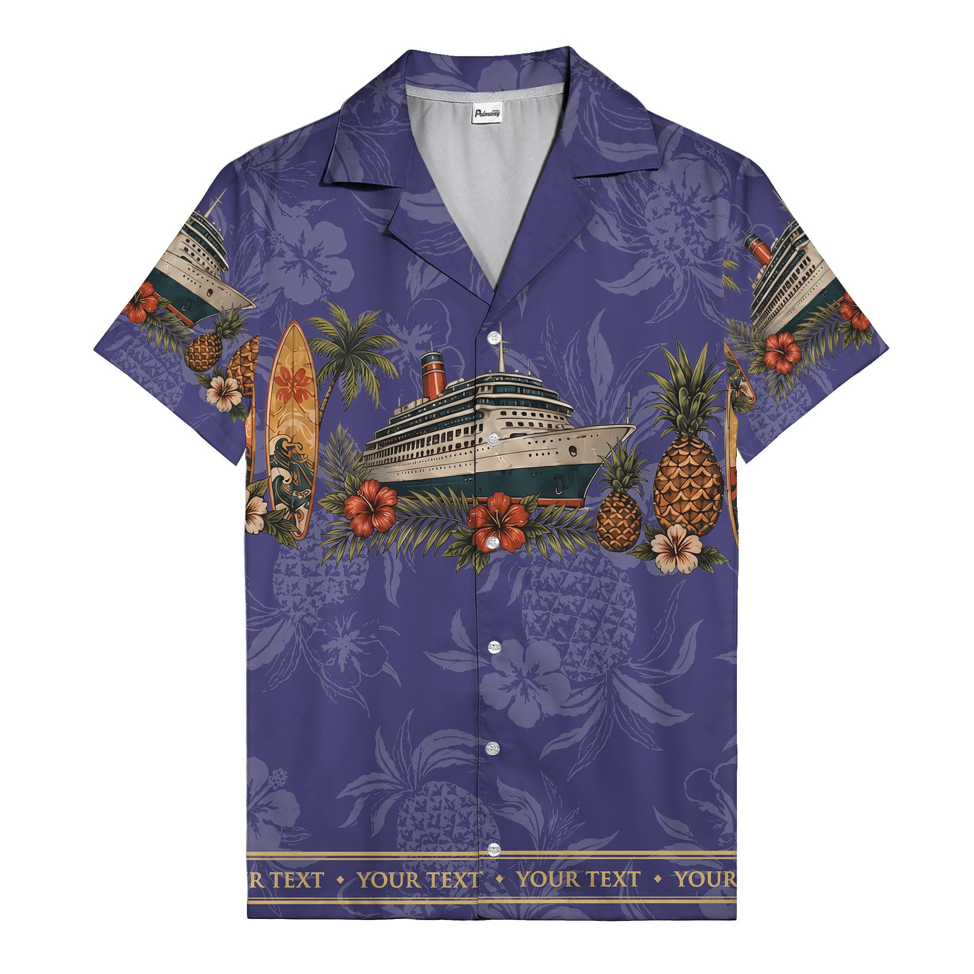 cruise ship surfboard pineapple palm hibiscus hawaiian shirt