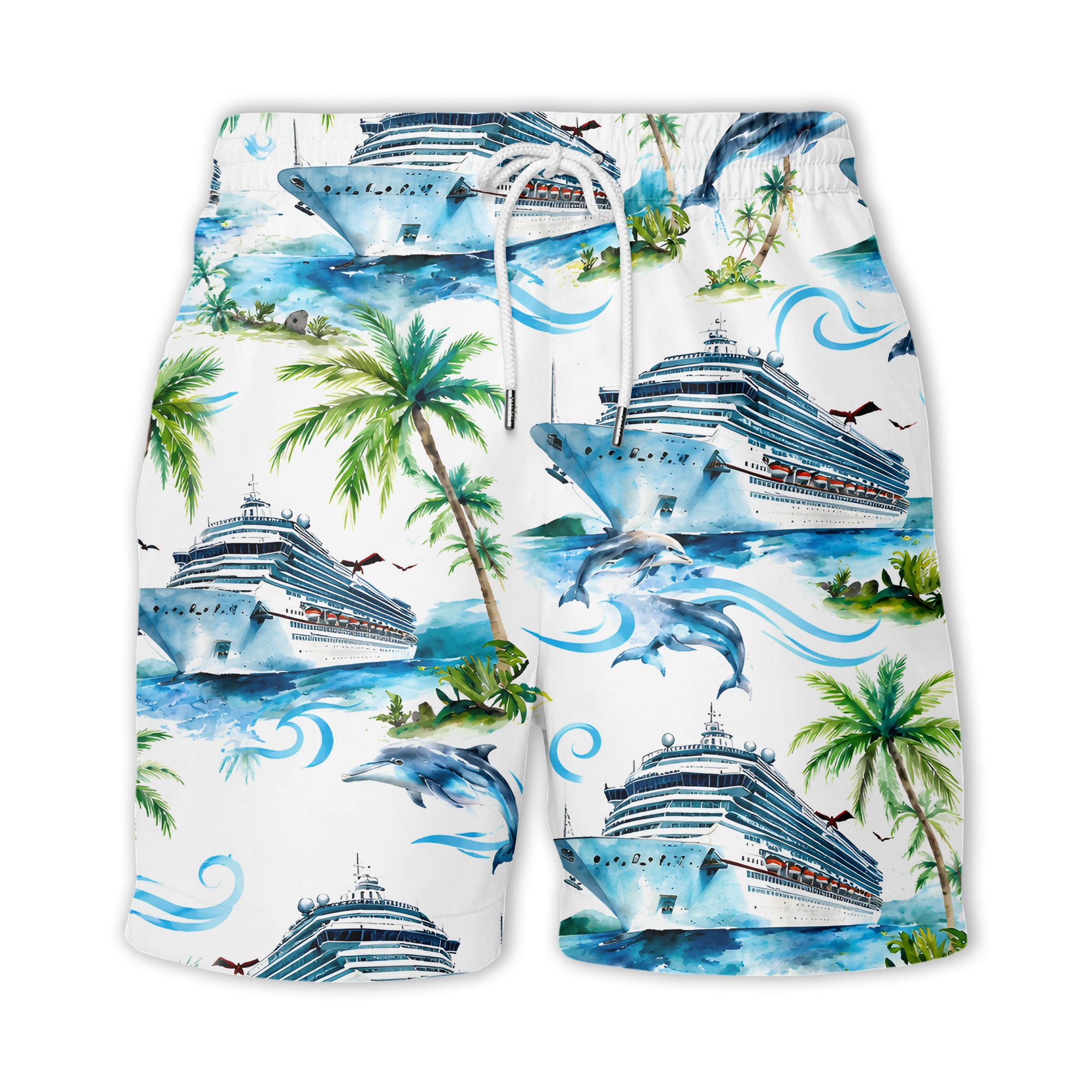 cruise ships dolphins & palm tree watercolor hawaiian shirt