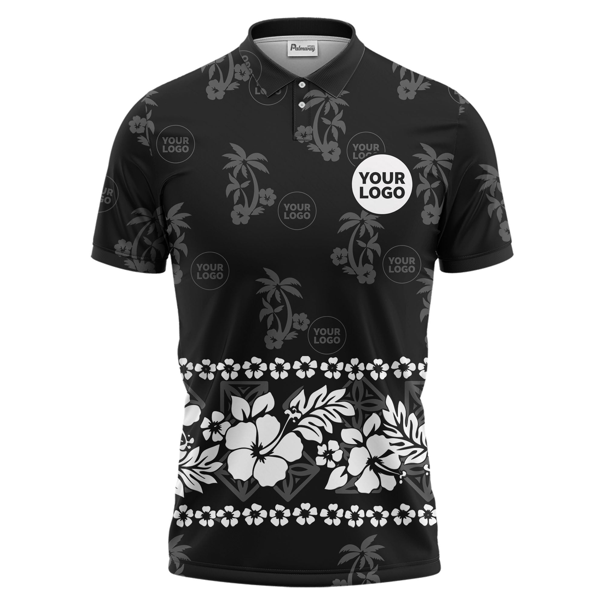 custom color tropical hawaiian polo shirt | hibiscus & palm tree all-over print